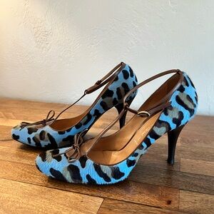 Casadei - Mary Jane’s - Blue Leopard horse hair w/saddle leather accents - 7 1/2